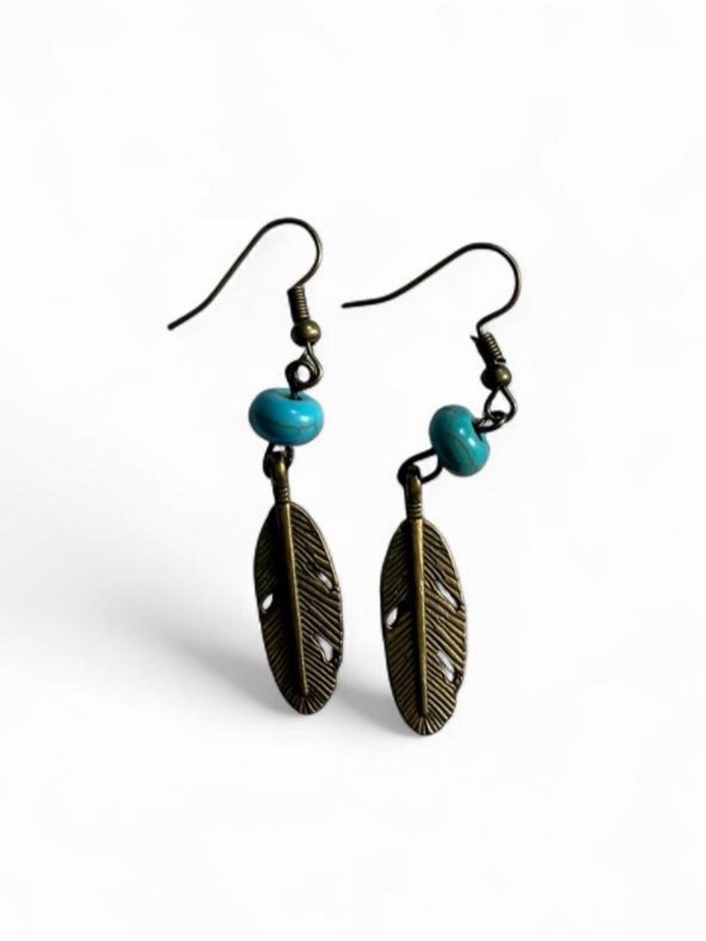 🪶 NWT Handmade Antique Bronze Feather & Turquoise Earrings